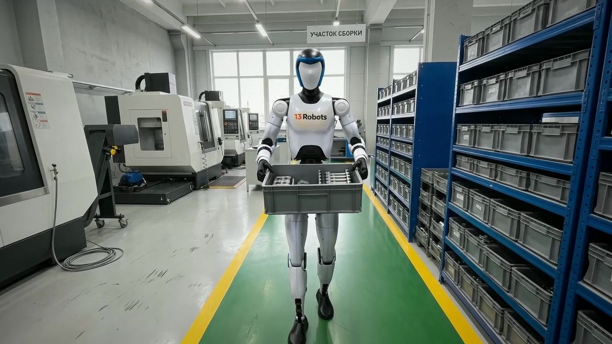 Гуманоидный робот 13 Robots несёт ящик с деталями по сборочному участку