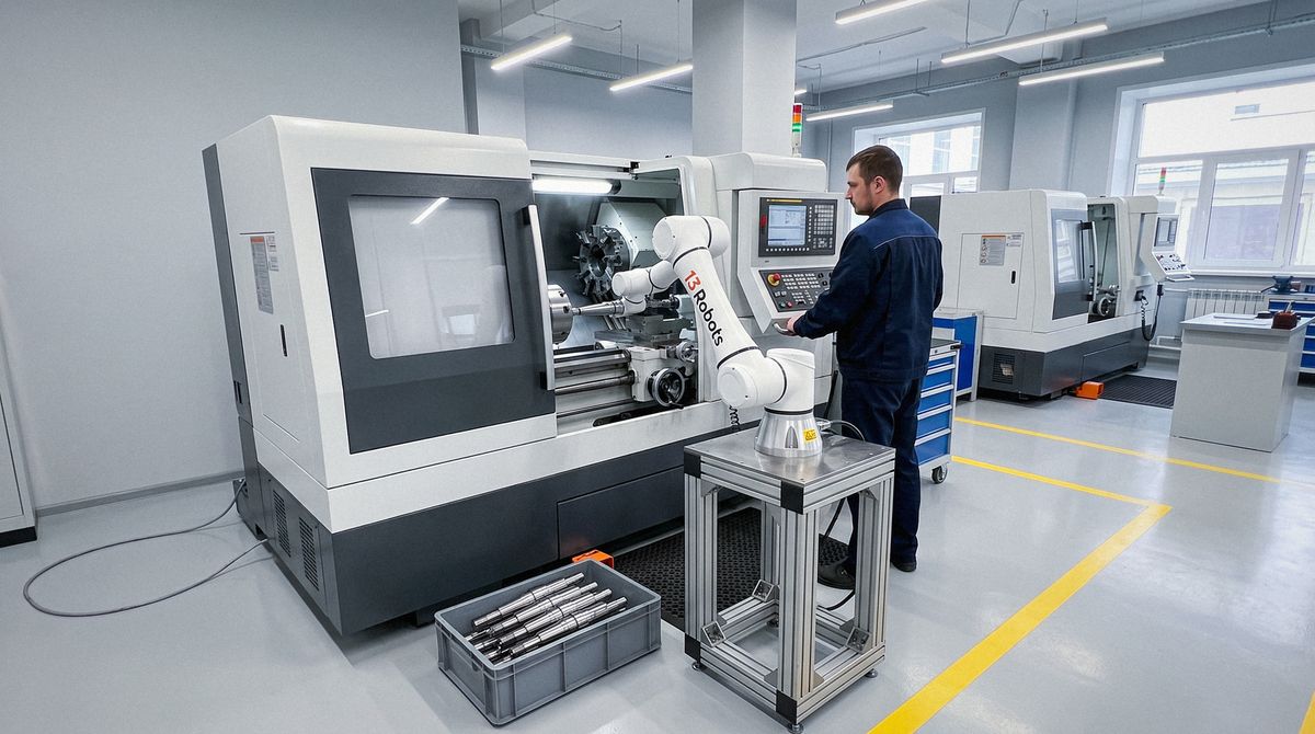 Станочник у пульта ЧПУ, манипулятор 13 Robots загружает заготовку в токарный станок