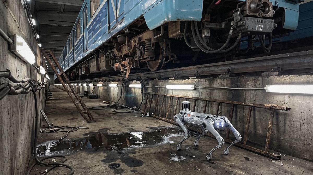 Робособака 13 Robots в смотровой канаве под вагоном метро