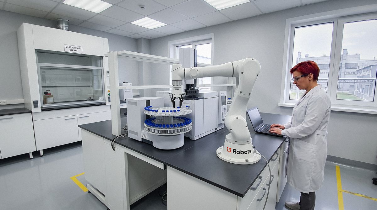 Лаборант вносит результаты, манипулятор 13 Robots ставит пробу в автосамплер хроматографа