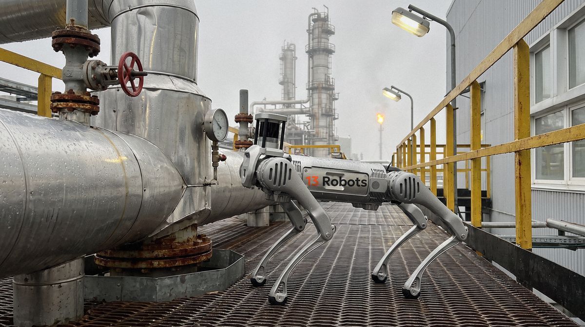 Робособака 13 Robots у манометра на эстакаде нефтеперерабатывающего завода в дождь